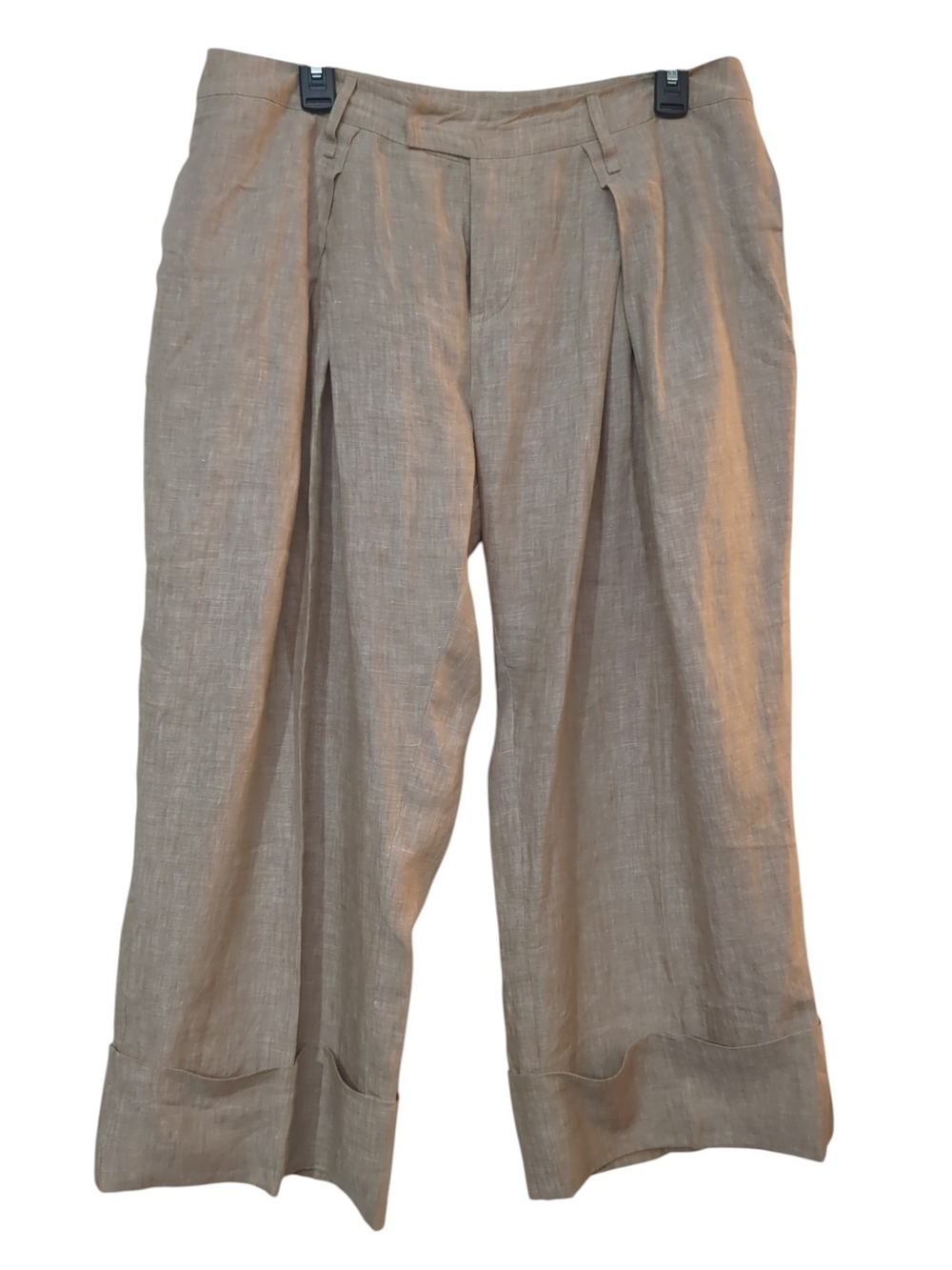 VIVID 100% Linen Wide Leg Cropped Pants Larg Taupe Coastal Lagenlook Minimalist